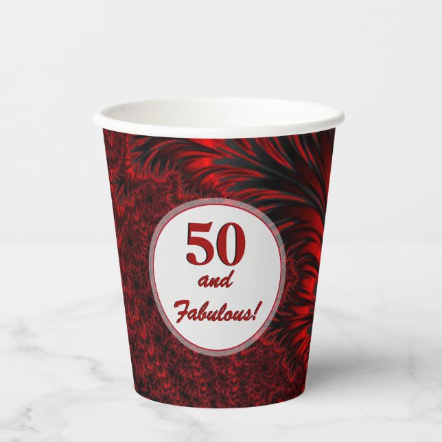 Fabulous 50 Glamorous Shiny Red Fractal Birthday  Paper Cups (Front)