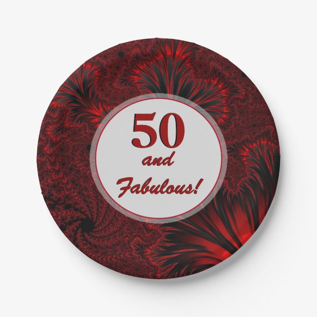 Fabulous 50 Glamorous Shiny Red Fractal Birthday   Paper Plates (Front)