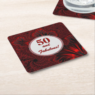 Fabulous 50 Glamorous Shiny Red Fractal Birthday Square Paper Coaster
