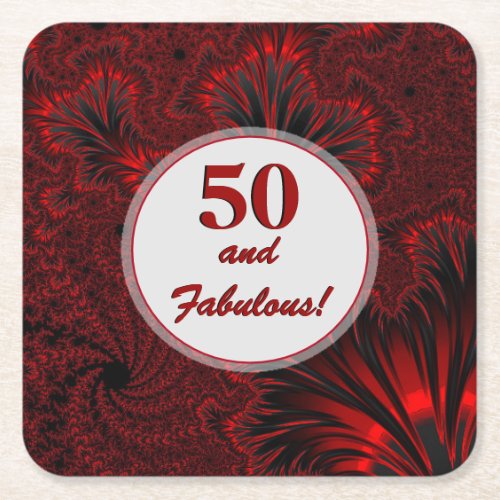Fabulous 50 Glamorous Shiny Red Fractal Birthday   Square Paper Coaster