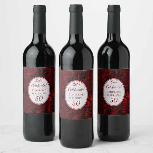Fabulous 50 Glamorous Shiny Red Fractal Birthday  Wine Label