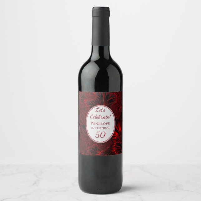 Fabulous 50 Glamorous Shiny Red Fractal Birthday  Wine Label (Front)