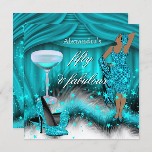 Fabulous 50 Glamorous Teal Blue High Heel Birthday Invitation