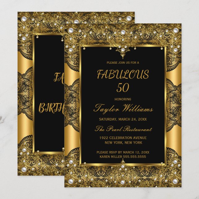 Fabulous 50 Glamour Black Lace Pearl Gold Invitation (Front/Back)