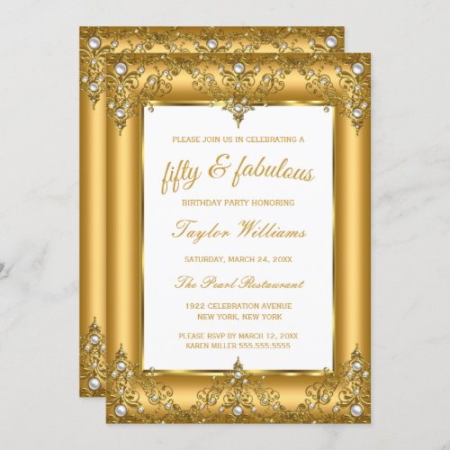 Fabulous 50 Glamour Pearl Gold Photo party Invitation