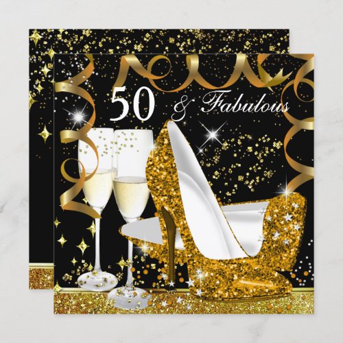 Fabulous 50 Glitter Gold Heel Glitz Glam Party Invitation