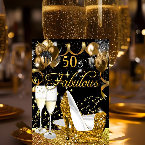 Fabulous 50 Glitter Gold Heel Glitzy Glam Party  Invitation