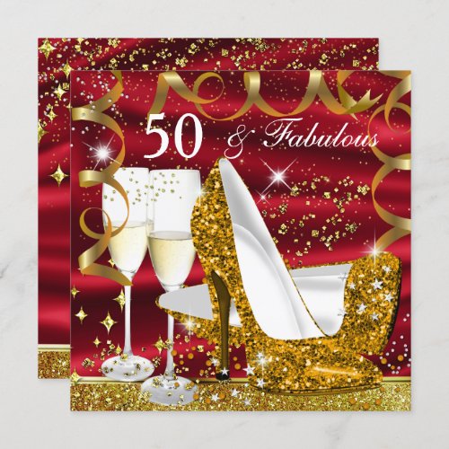 Fabulous 50 Glitter Gold Heel Red Glitz Glam Party Invitation