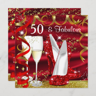 Fabulous 50 Glitter Gold Red High Heels Party Invitation