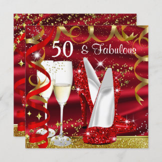 Fabulous 50 Glitter Gold Red High Heels Party Invitation
