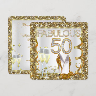 Fabulous 50 Glitter White Gold Birthday Party Invitation
