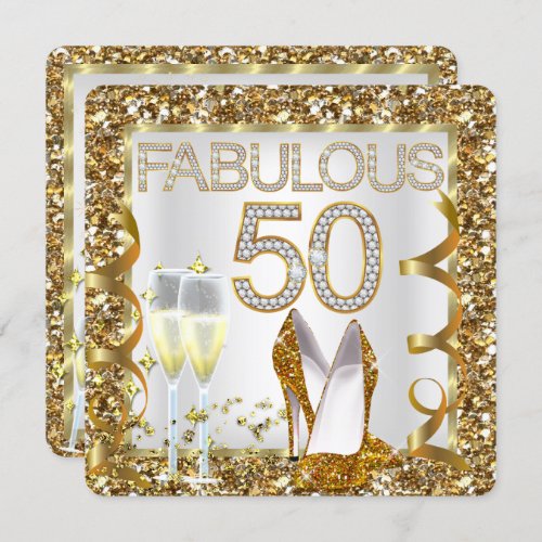 Fabulous 50 Glitter White Gold Birthday Party Invitation