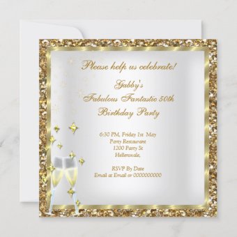 Fabulous 50 Glitter White Gold Birthday Party Invitation | Zazzle