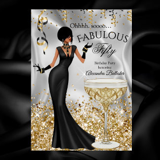 Fabulous 50 Gold Black Champagne Birthday Party Invitation