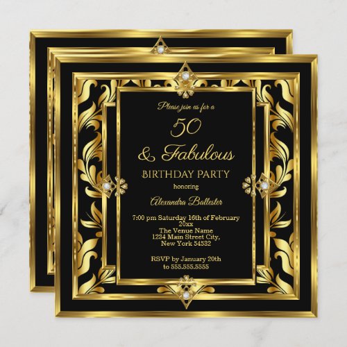 Fabulous 50 Gold Black Damask Birthday Party Invitation