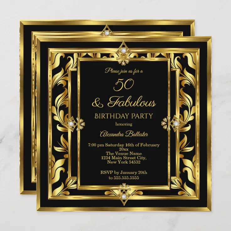 Fabulous 50 Gold Black Damask Birthday Party Invitation Zazzle