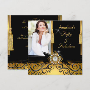 Fabulous 50 Gold Black Damask Photo Birthday Party Invitation