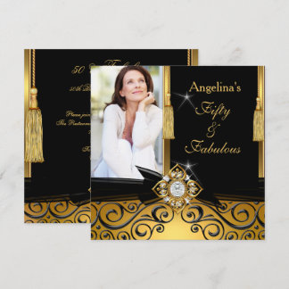 Fabulous 50 Gold Black Damask Photo Birthday Party Invitation