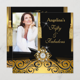 Fabulous 50 Gold Black Damask Photo Birthday Party Invitation