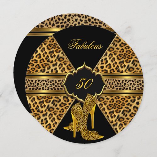 Fabulous 50 Gold Black Leopard Hi Heels Birthday Invitation