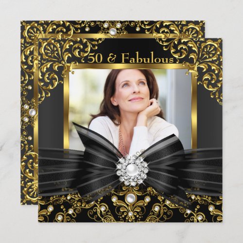 Fabulous 50 Gold Black Pearl Bow  Damask Birthday Invitation