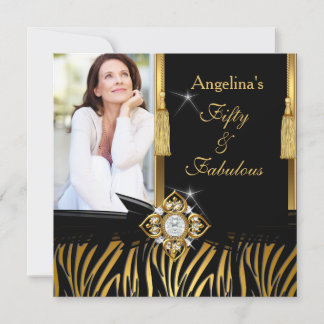 Fabulous 50 Gold Black Zebra Photo Birthday Party Invitation