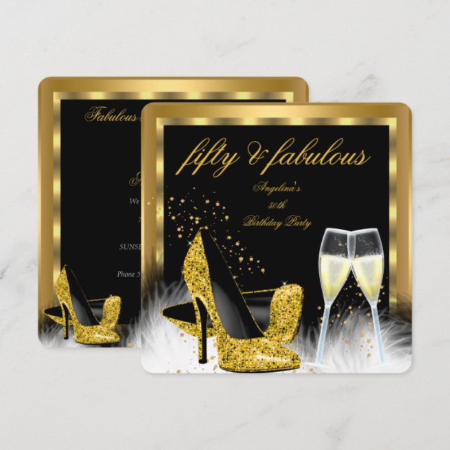 Fabulous 50 Gold Champagne High Heels Birthday Invitation (Front/Back)