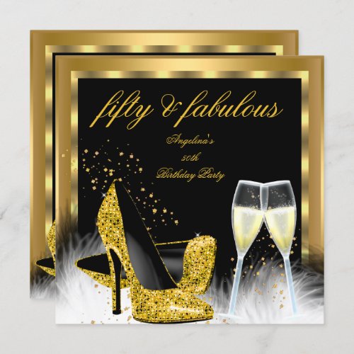 Fabulous 50 Gold Champagne High Heels Birthday Invitation