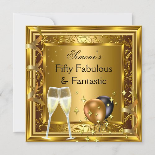 Fabulous 50 Gold Damask Champagne Birthday Party Invitation