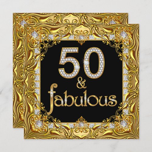 Fabulous 50 Gold Diamond on Black Birthday Party Invitation