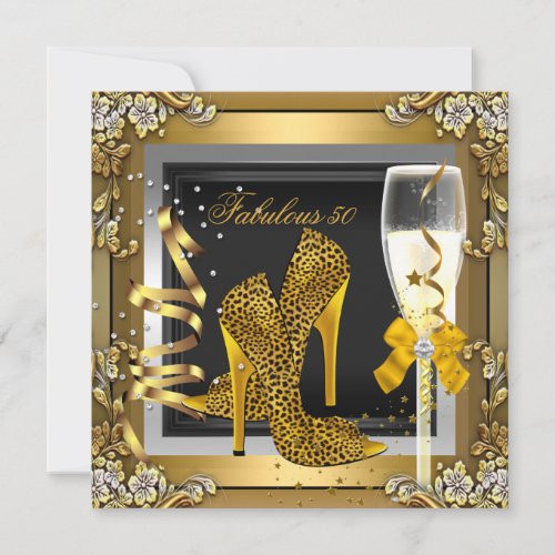 Fabulous 50 Gold Leopard Black Champagne Birthday Invitation