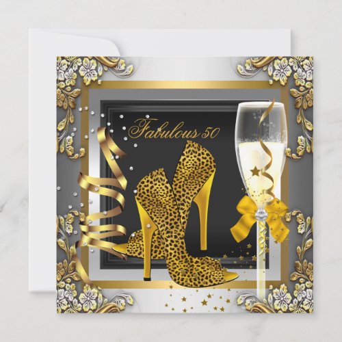 Fabulous 50 Gold Leopard Silver Champagne Birthday Invitation