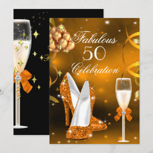 Fabulous 50 Gold Orange High Heel Champagne Party Invitation