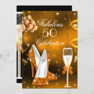 Fabulous 50 Gold Orange High Heel Champagne Party Invitation