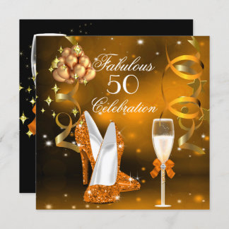 Fabulous 50 Gold Orange High Heel Champagne Party Invitation