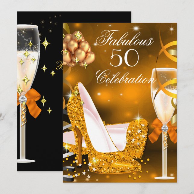 Fabulous 50 Gold Orange High Heels Party 3 Invitation (Front/Back)