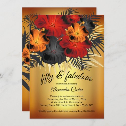 Fabulous 50 Gold Red Orange Black Hibiscus party Invitation