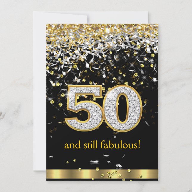 Fabulous 50 Gold Silver Streamers 50th Birthday B Invitation (Front)