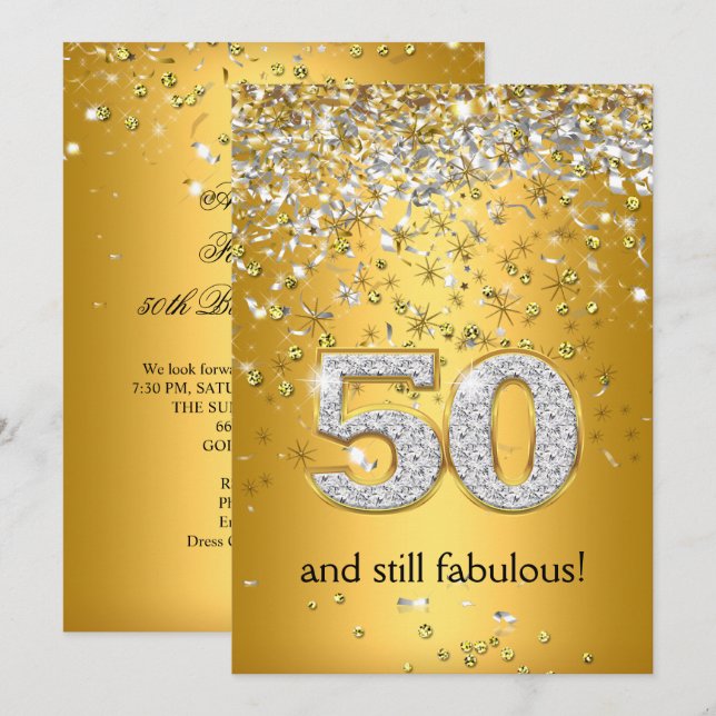 Fabulous 50 Gold Silver Streamers 50th Birthday Invitation (Front/Back)