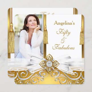 Fabulous 50 Gold White Damask Photo Birthday Party Invitation