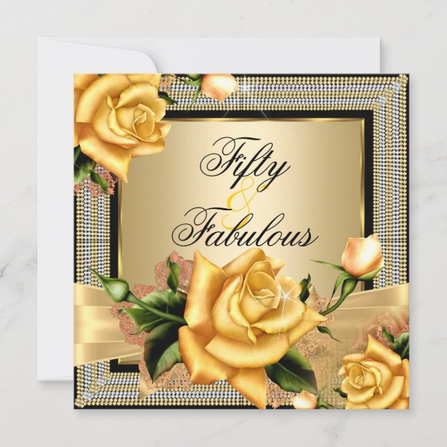 Fabulous 50 Gold Yellow Rose Black Birthday Invitation (Front)