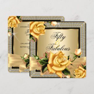 Fabulous 50 Gold Yellow Rose Black Birthday Invitation