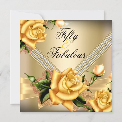 Fabulous 50 Gold Yellow Rose Floral Birthday Party Invitation