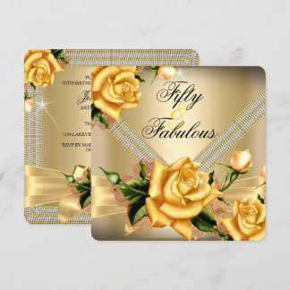 Fabulous 50 Gold Yellow Rose Floral Birthday Party Invitation