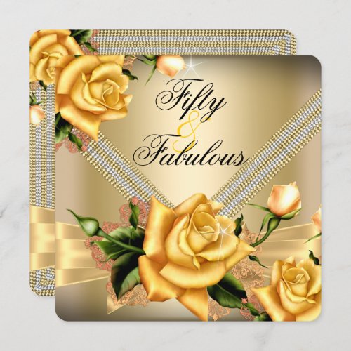 Fabulous 50 Gold Yellow Rose Floral Birthday Party Invitation