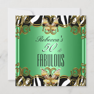 Fabulous 50 Green Gold Black White Zebra Invitation