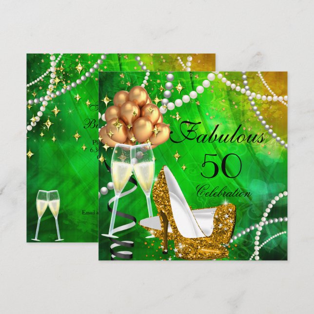 Fabulous 50 Green Gold Heels Champagne Birthday Invitation (Front/Back)