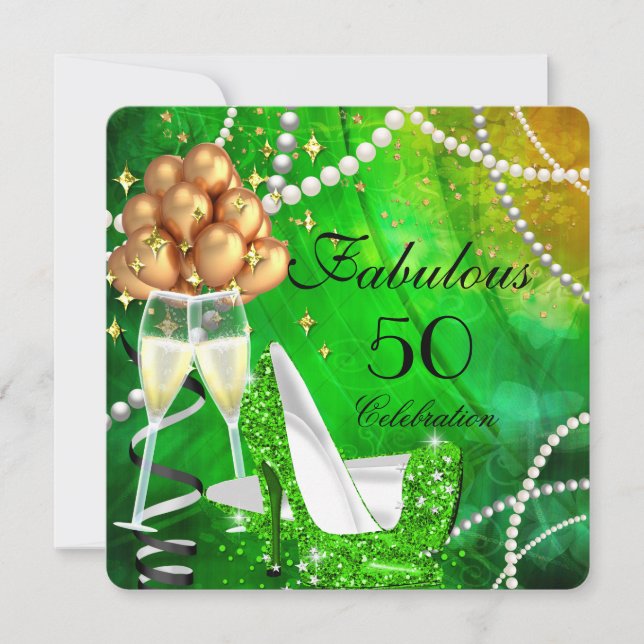 Fabulous 50 Green High Heels Gold Champagne Party Invitation (Front)
