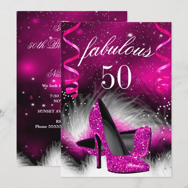 Fabulous 50 Hot Pink High Heel Birthday Party Invitation (Front/Back)