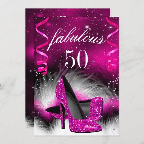 Fabulous 50 Hot Pink High Heel Birthday Party Invitation